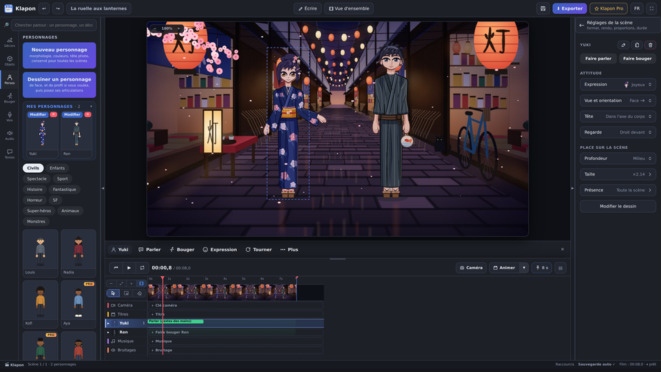 L'interface de Klapon avec la scène dessinée : une ruelle japonaise le soir, une jeune femme en yukata à fleurs qui tend la main et un jeune homme qui tient un éventail, dessinés dans le style manga, Mes personnages avec les deux personnages dessinés à gauche, les réglages de la jeune femme à droite et la frise des pistes en bas.