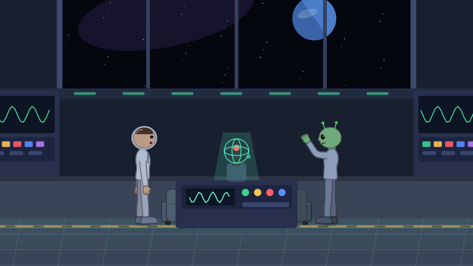 Intérieur d'un vaisseau spatial : un astronaute et un extraterrestre qui le salue, de part et d'autre du poste de pilotage.